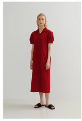 Tailored Button-Down Linen Midi Dress with Puff Sleeves